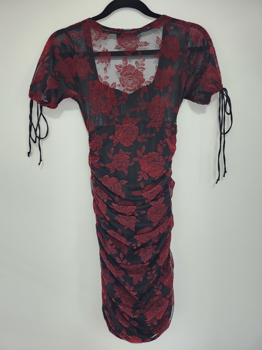 Motel Rocks Red & Black Ruched Floral Bodycon Dress - Picture 6 of 7